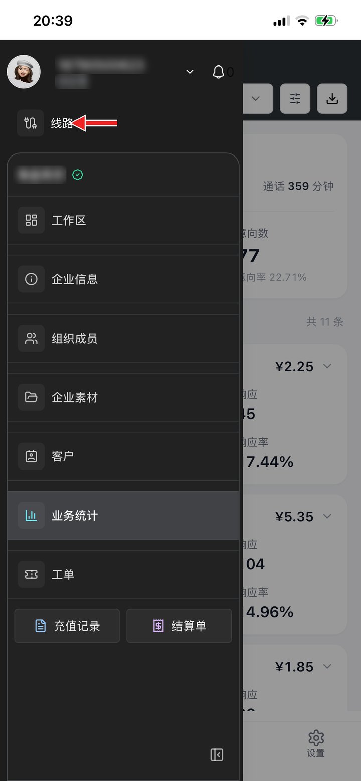 设置菜单：线路、企业管理各页面、充值记录、结算单